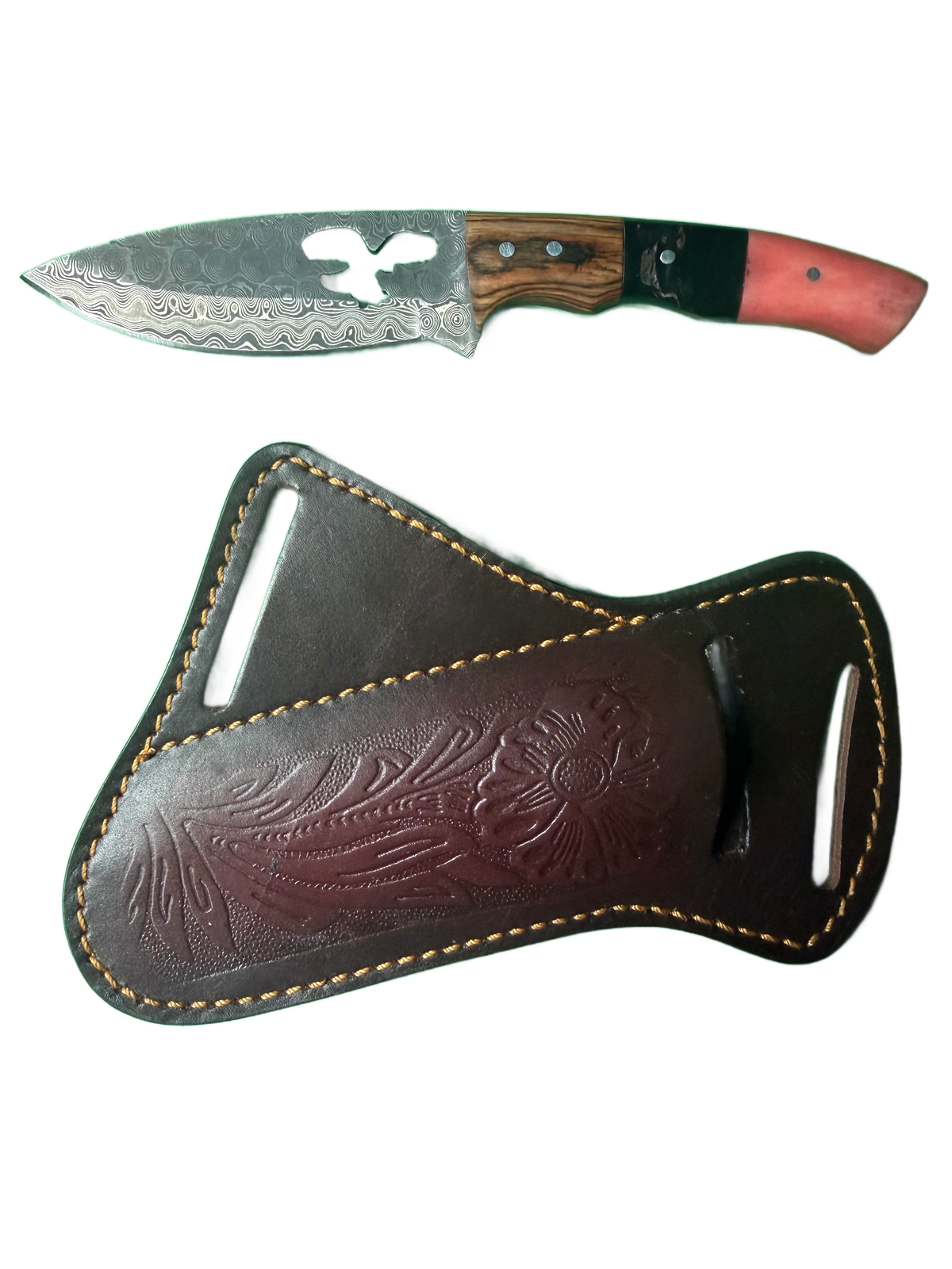 Eagle Cutout Design Drop Point Damascus Fixed Blade (sheath included)